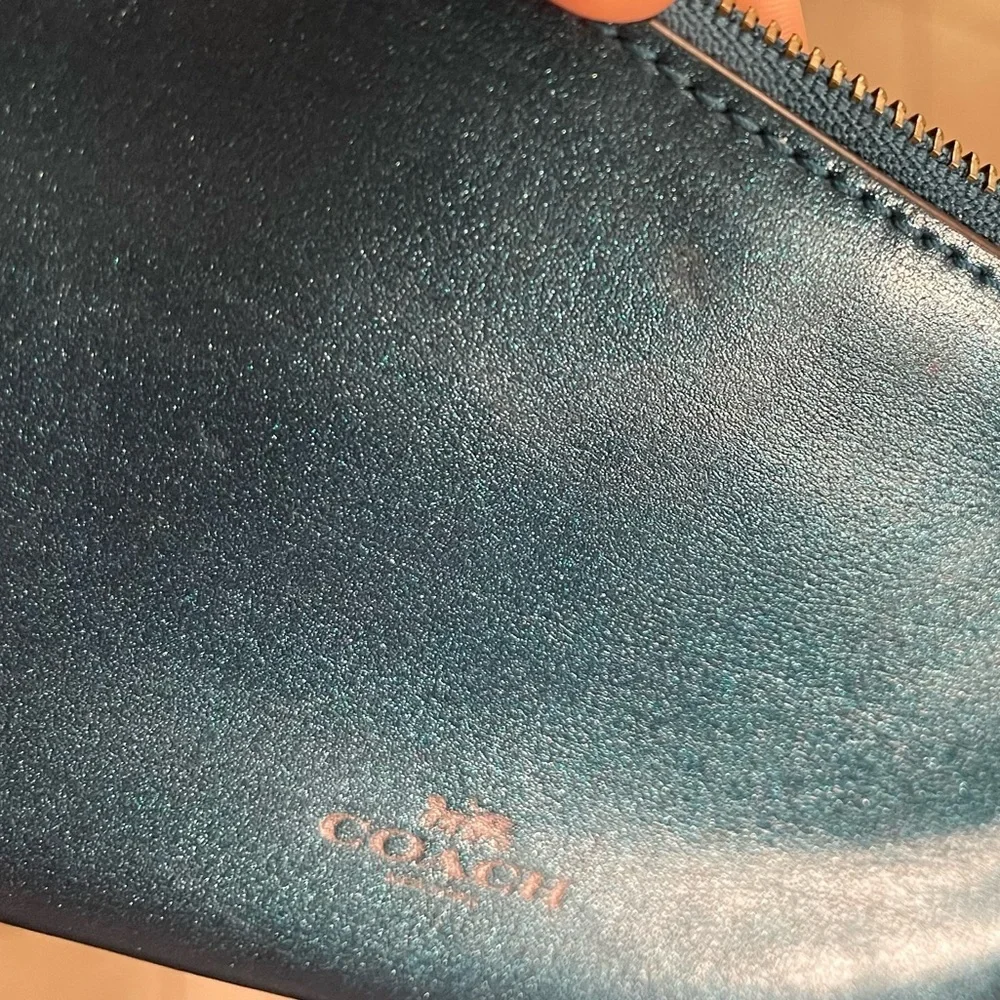 Coach | Metallic Dark Teal Leather Glitter Sparrow Bird | Zip Wristlet